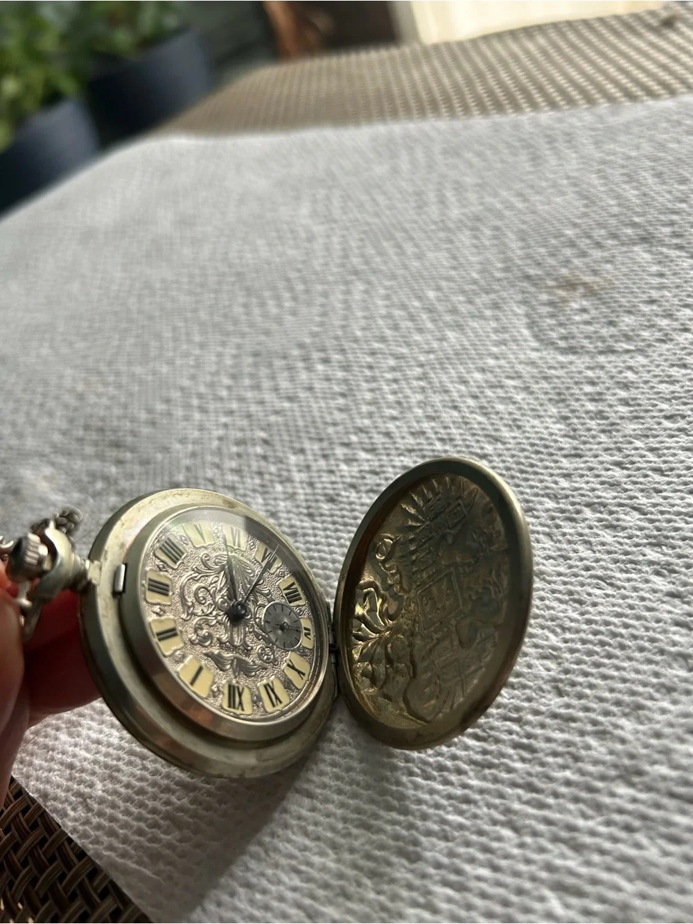 Vintage-Style Silver Pocket Watch with Turquoise and Red Accents